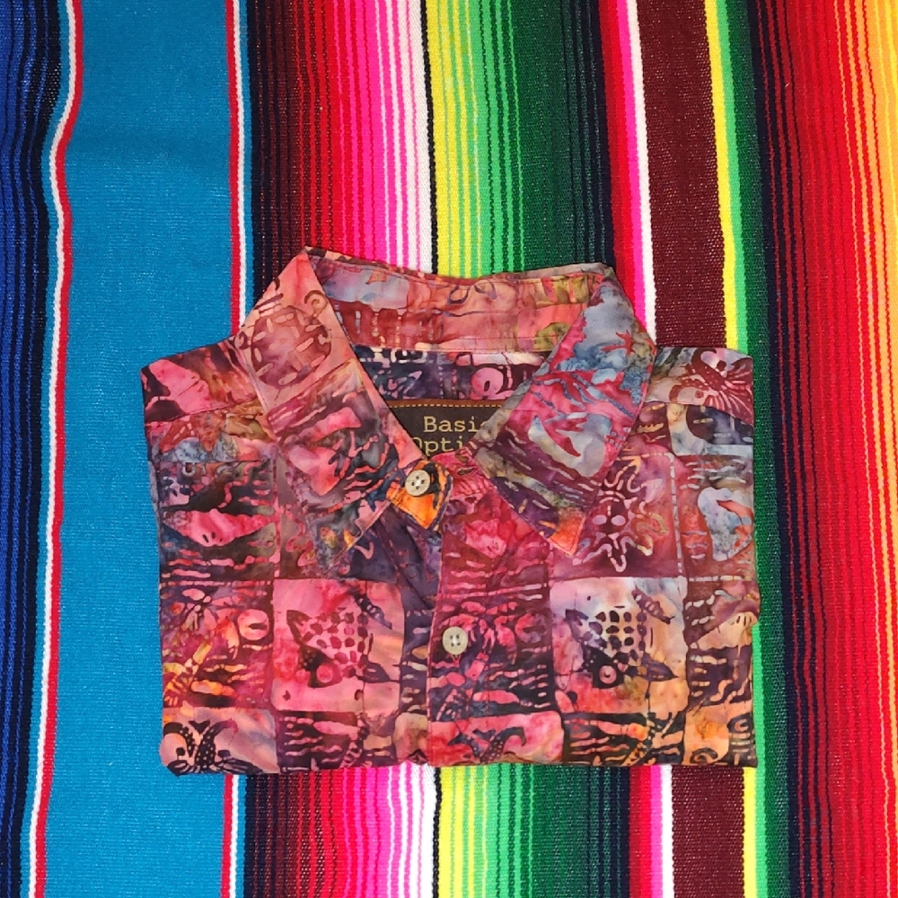 Basic Options Mens L Hawaiian Print Multicolor Short Sleeve Button Cotton Shirt